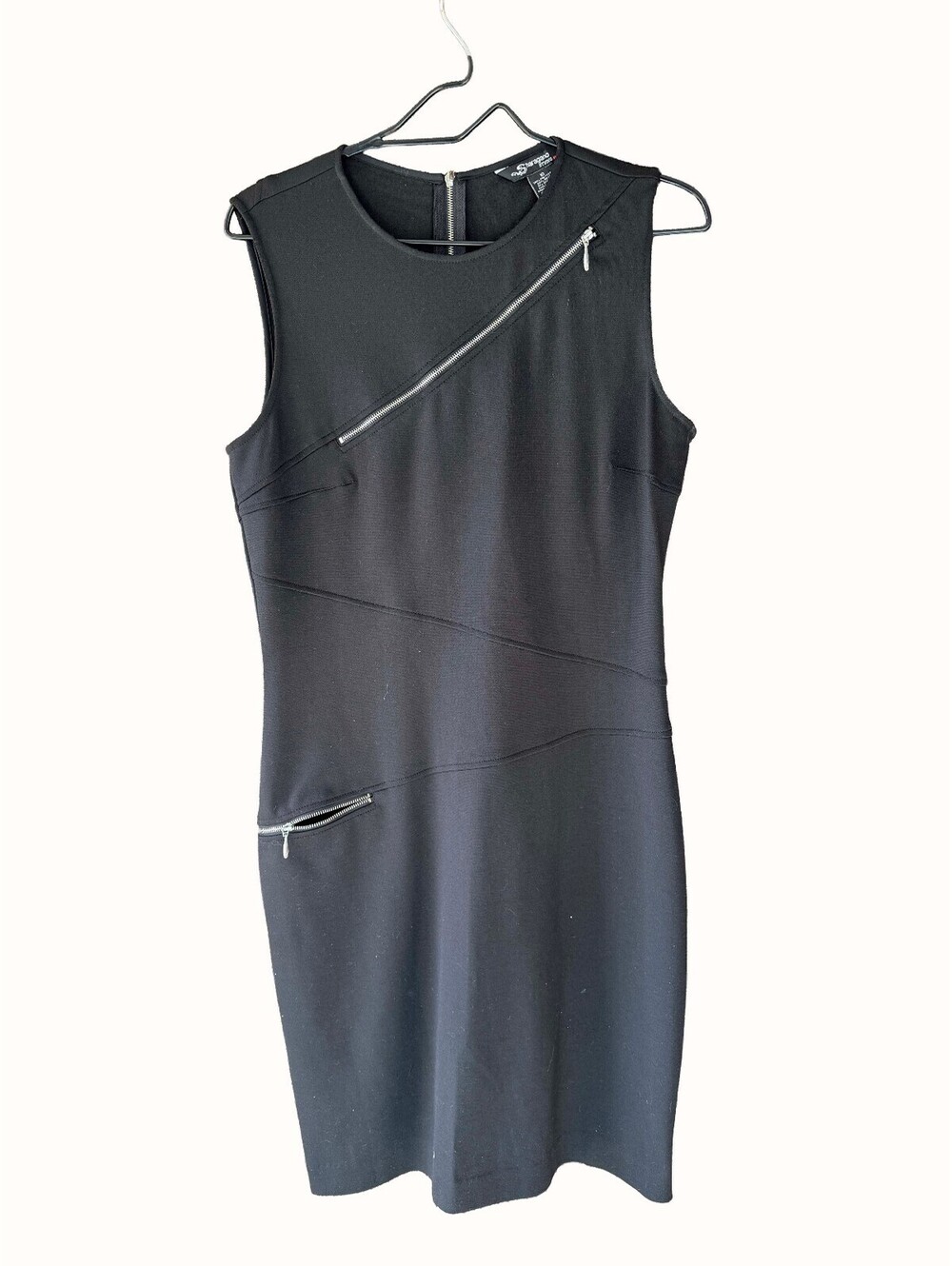 Sharagano Studio Black Zip Sheath Dress Size 10 Sleeveless Moto Ponte Bodycon